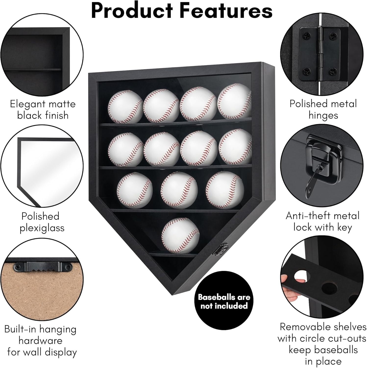 Premium 12-Ball Baseball Display Case with Polished Plexiglass - Black Finish