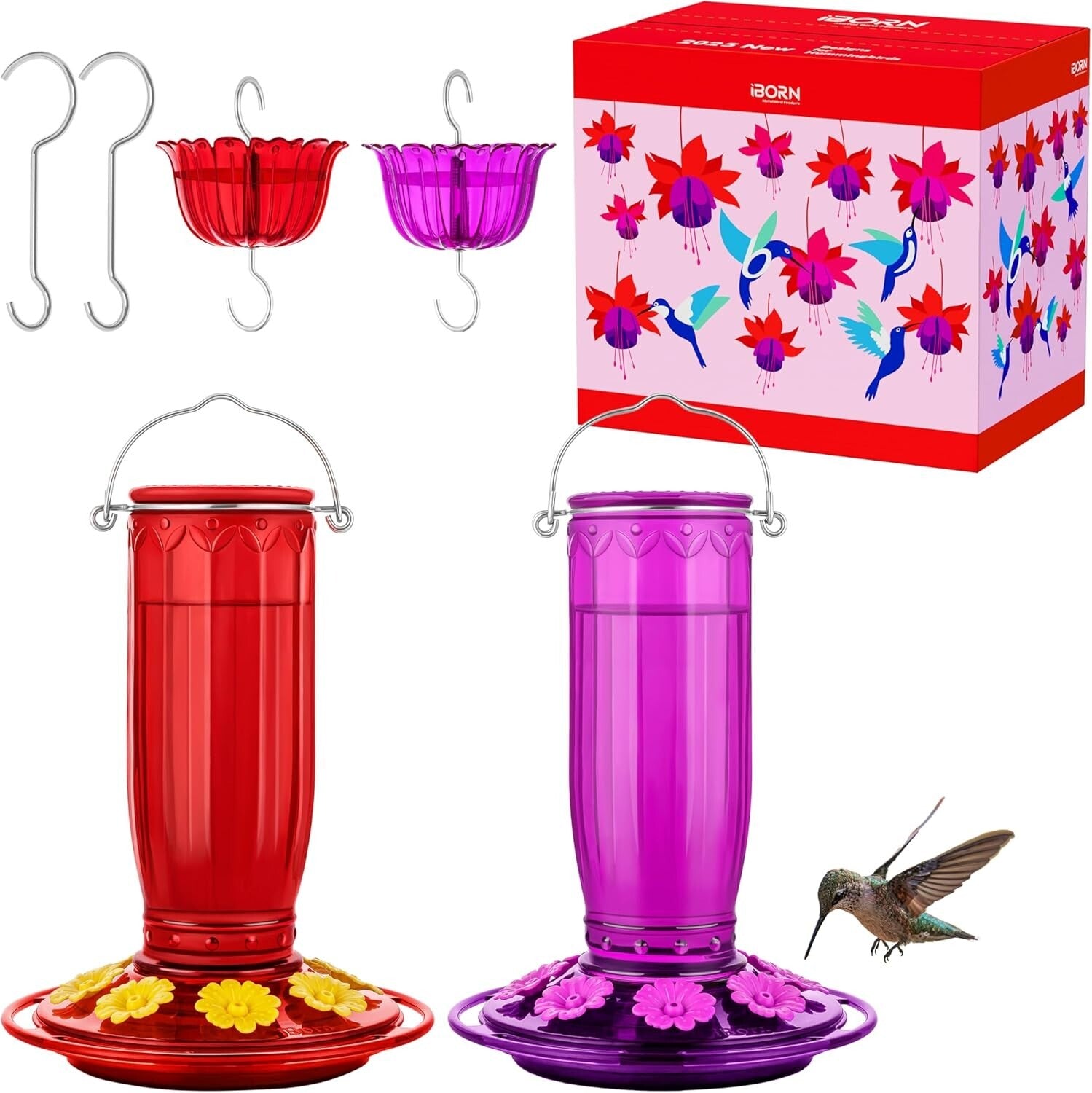 Attractive Hummingbird Feeder with Ant Moat - Durable Glass, Gift Box Included