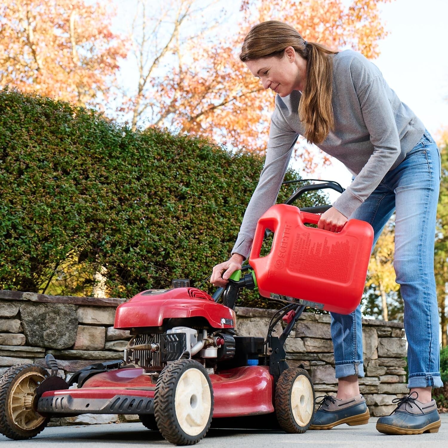 Durable 5-Gallon Red Gas Can with Flame Mitigation & Controlled Flow Spout