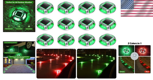 Elegant 12 Pack Solar Driveway Lights - Green & Red Color Modes for Pathways