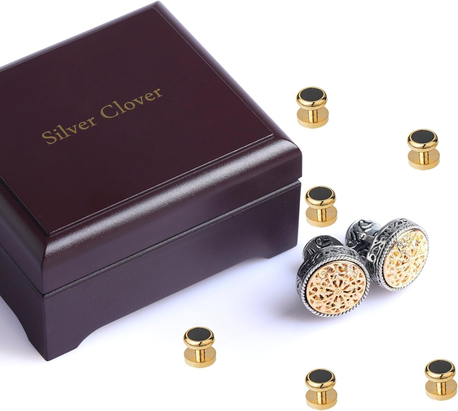 Gold-Plated Men's Cufflinks with 6 Shirt Studs - Ideal for Grooms & Fathers