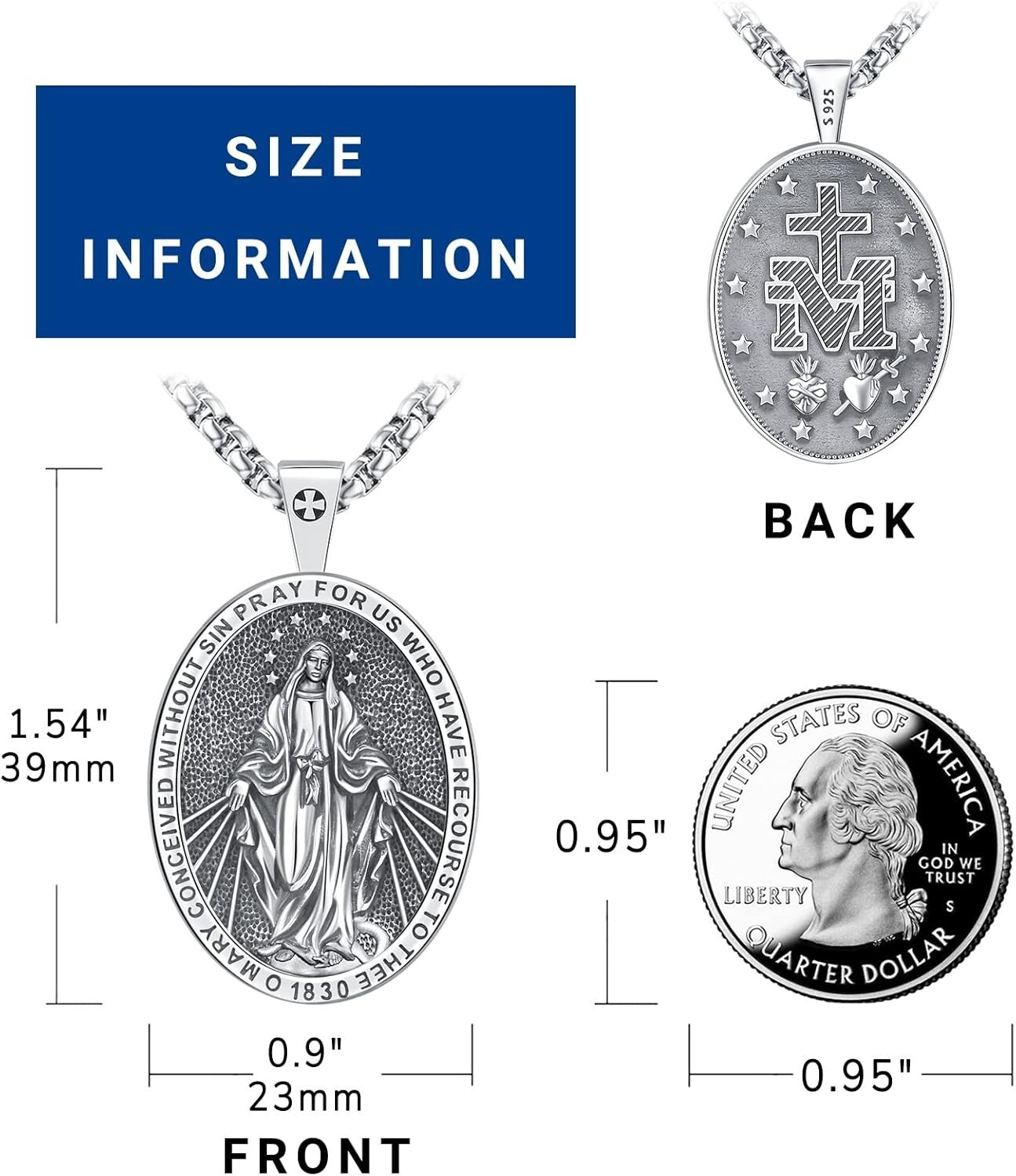 Two-Sided Miraculous Medal Pendant - Elegant Sterling Silver for Men & Women