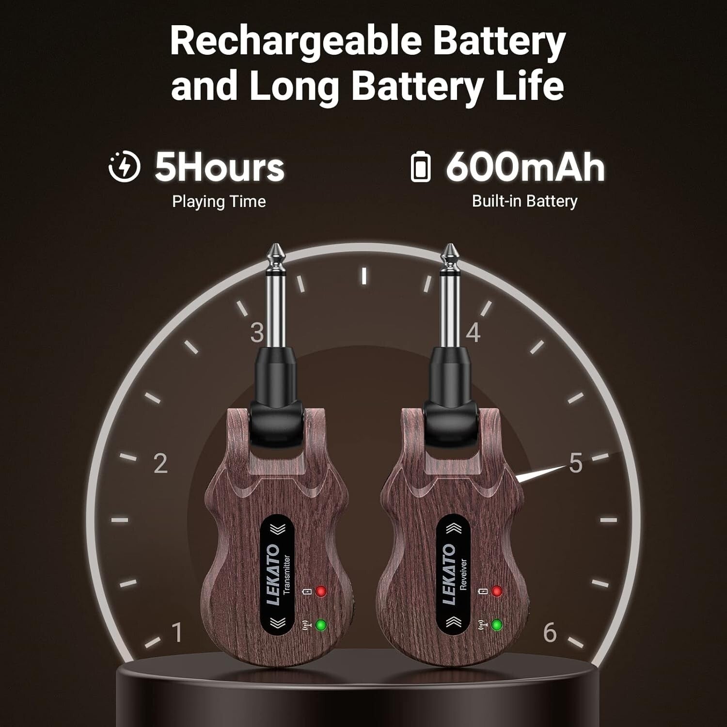 Rechargeable Wireless Guitar Transmitter & Receiver - 4 Channels, 100ft Range