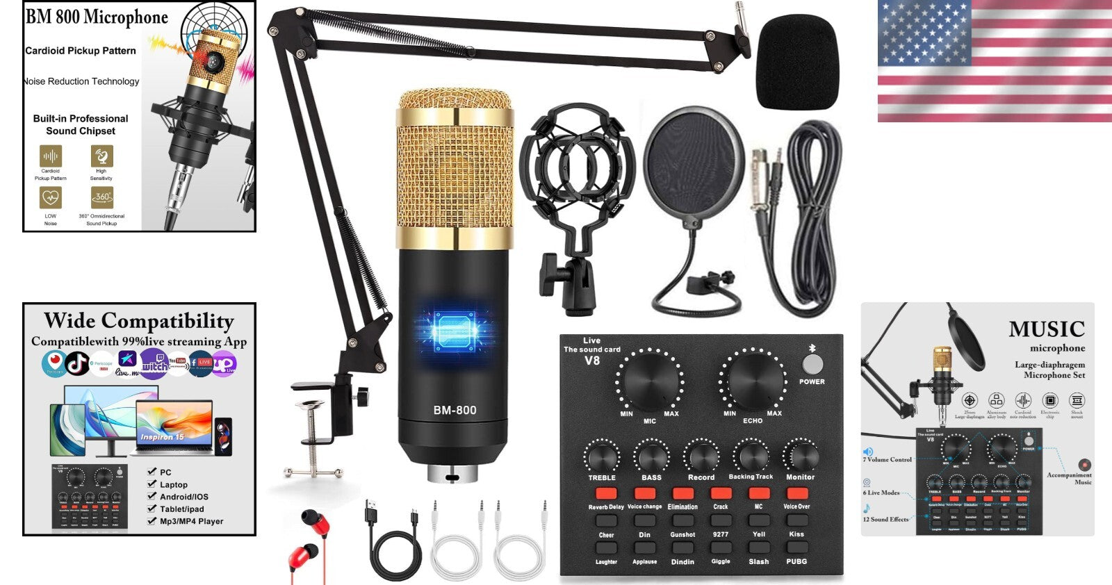 Professional Podcast Bundle with Noise Reduction Mic and Adjustable Arm Stand
