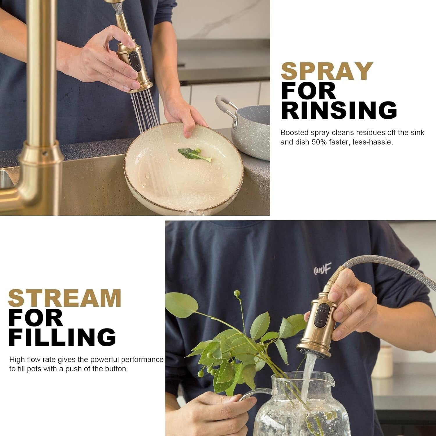 High Arc Brushed Bronze Kitchen Faucet with Dual Function Sprayer and Deck Plate