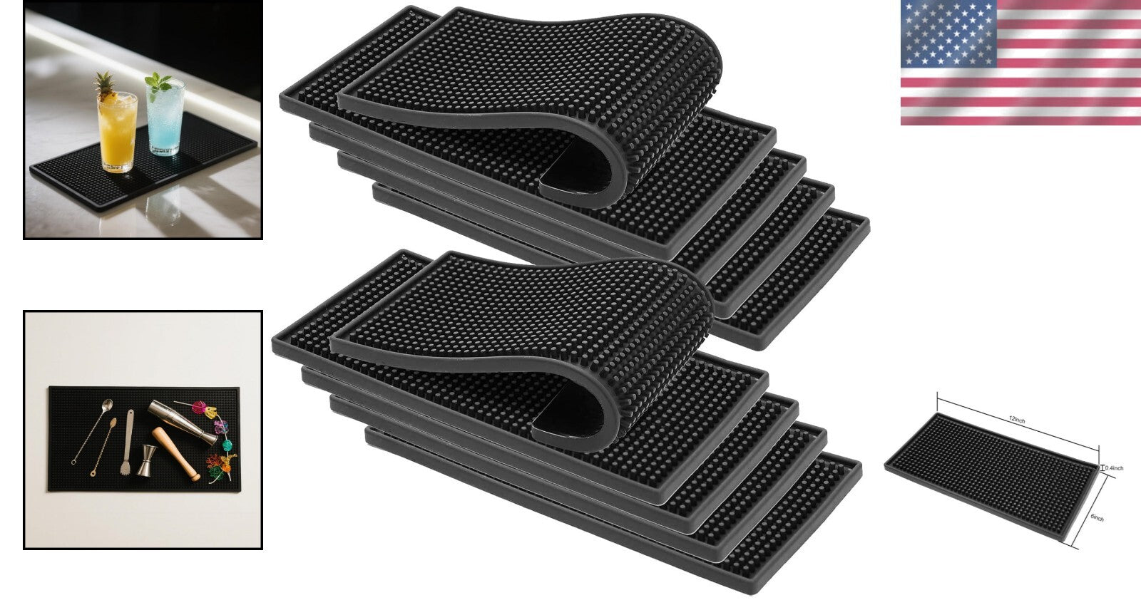 Heavy Duty 12x6 Inch Bar Mats, Non-Slip Rubber - Ideal for Bartenders & Tables