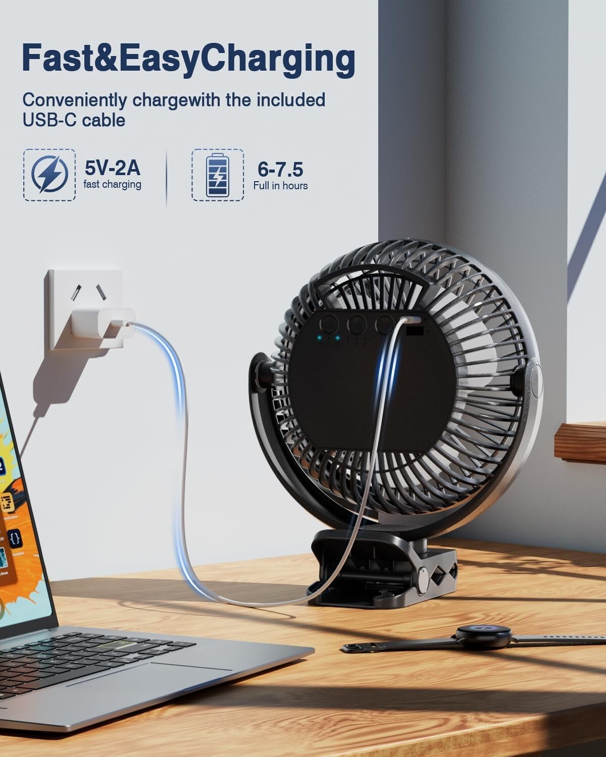 Battery-Operated 8 Inch Desk & Camping Fan with Remote - 72H Life & 3 Speeds