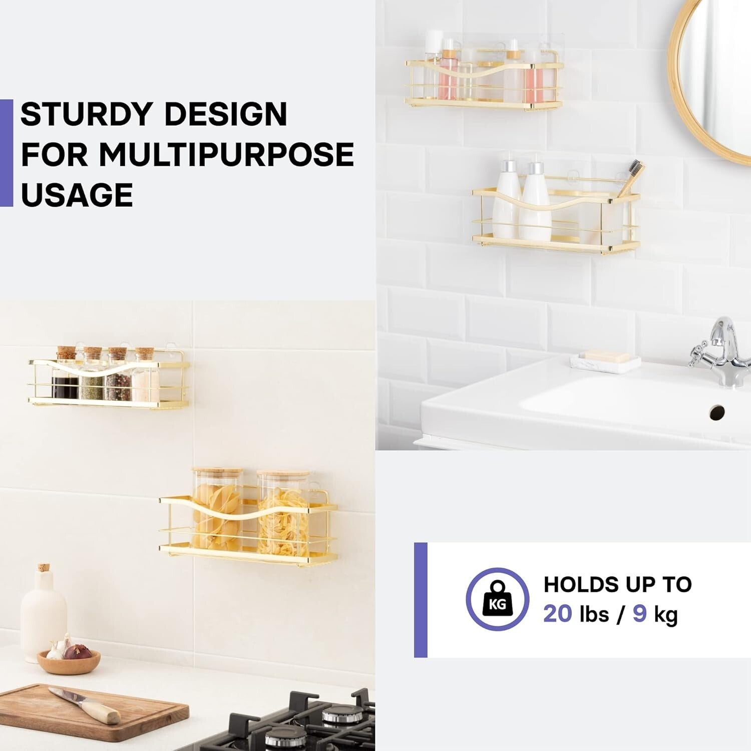 Elegant Gold Stainless Steel Self-Adhesive Shower Caddy - Wall Shelf Organizer