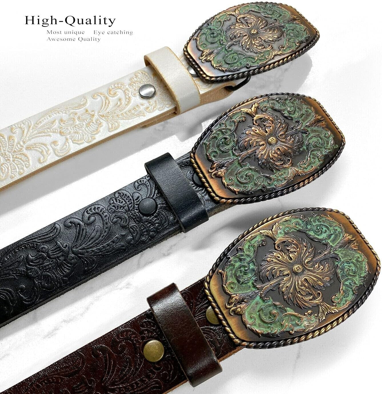 Custom Fit Western Leather Jean Belt with Floral Engraved Buckle – 3 Colors