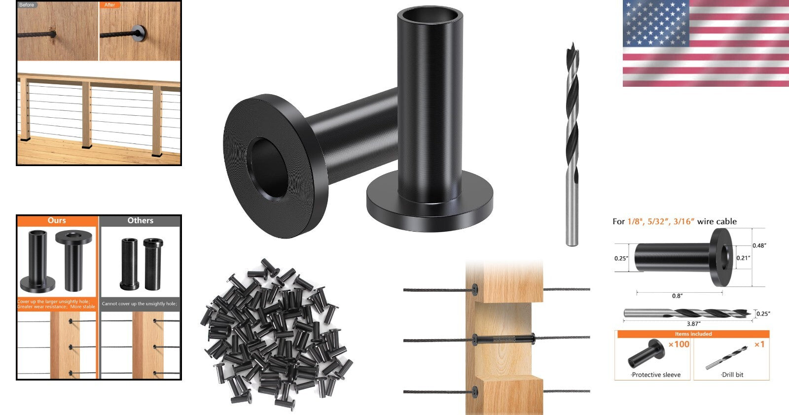 Elegant Black Stainless Steel Sleeves - 100 Pack for Wood Post Railing Hardware