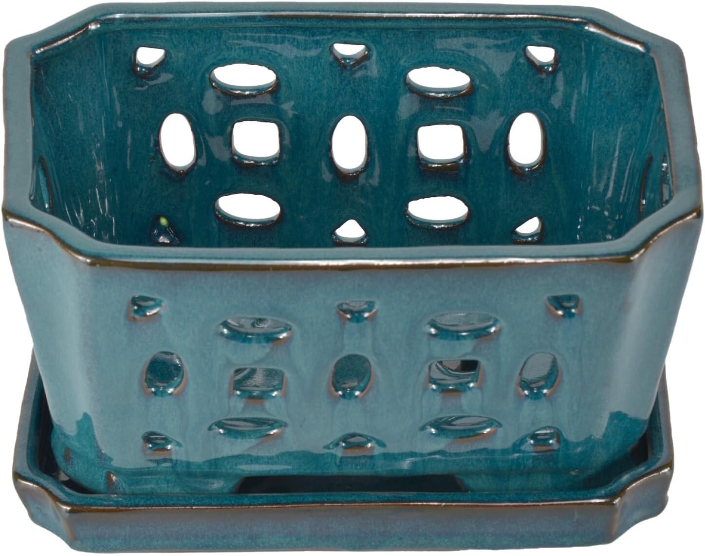 Durable Ceramic Orchid Pot with Saucer - 9.7" Teal Indoor/Outdoor Planter