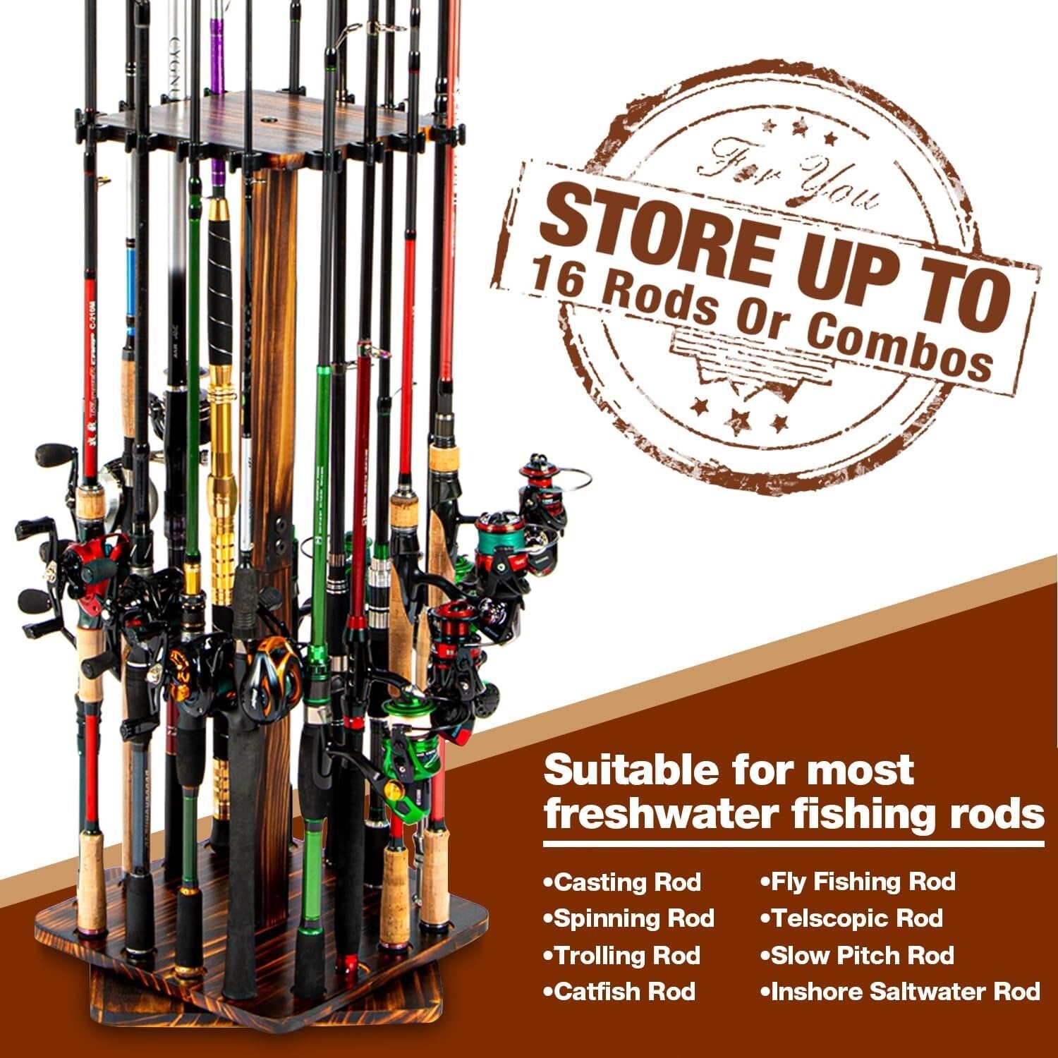 Solid Wood Fishing Rod Holder - 16-Rod Capacity with 360-Degree Rotation