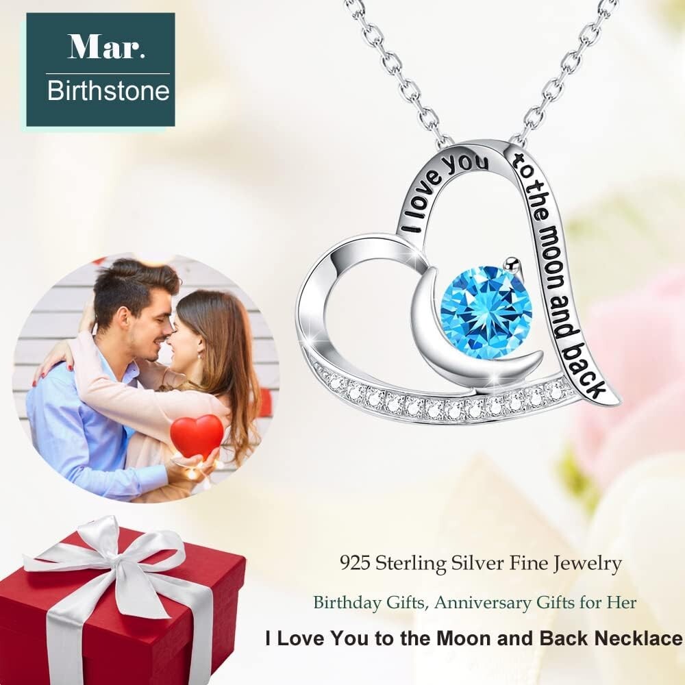 Adjustable Love Heart Necklace with Blue Aquamarine Birthstone - Special Gift