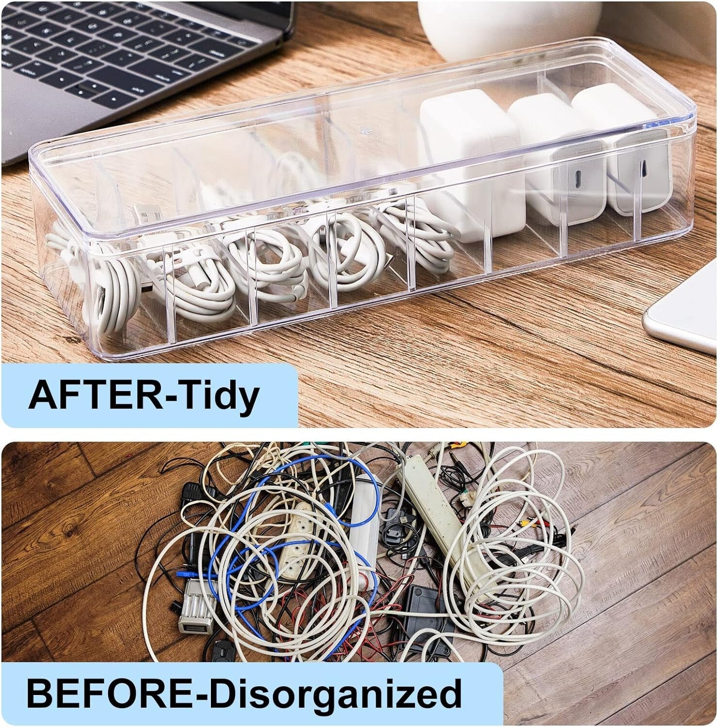 8 Pcs Clear Cable Organizer Box with 80 Wire Ties - Tidy Desk Solution