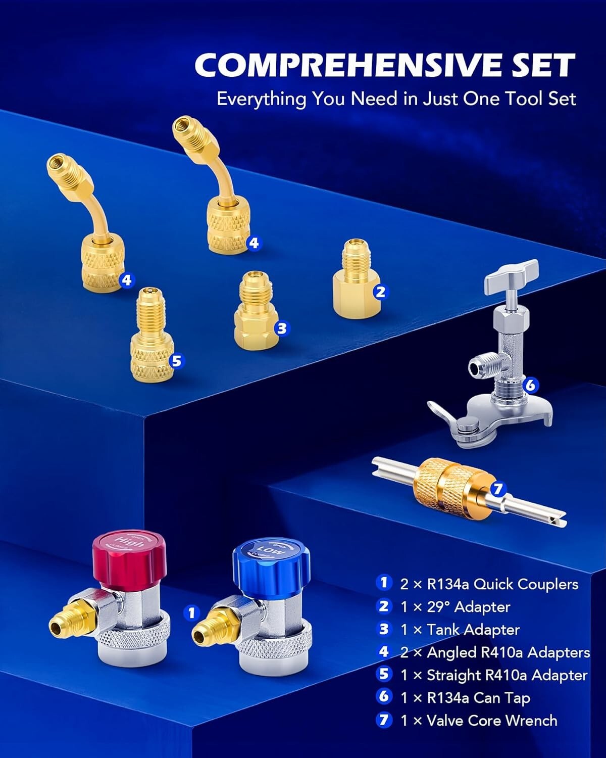 Professional AC Gauge Set: Color-Coded Hoses, Quick Couplers, Moisture Indicator