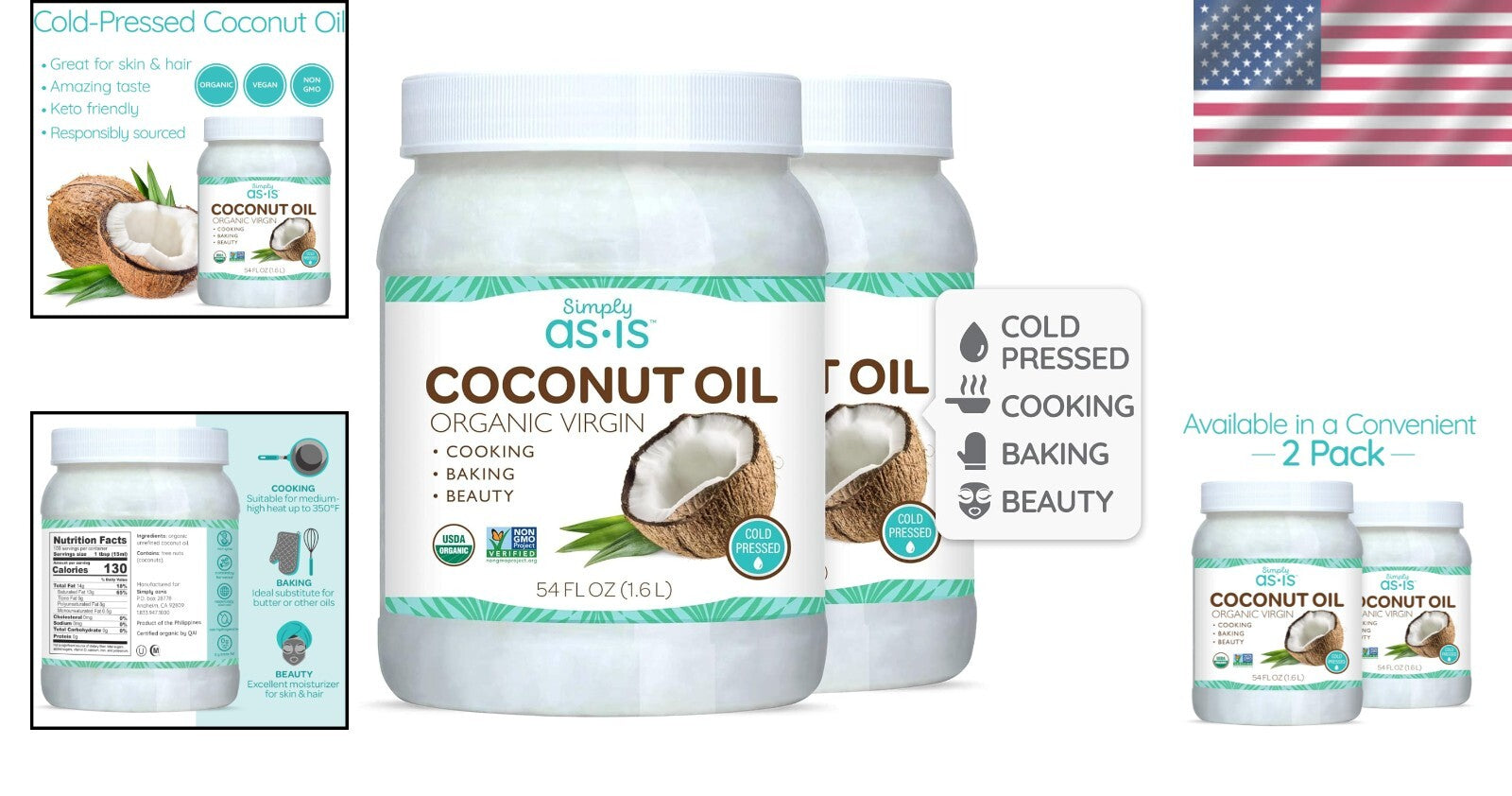 Dual Pack 54 fl oz Organic Virgin Coconut Oil | Cooking & Moisturizing Essential