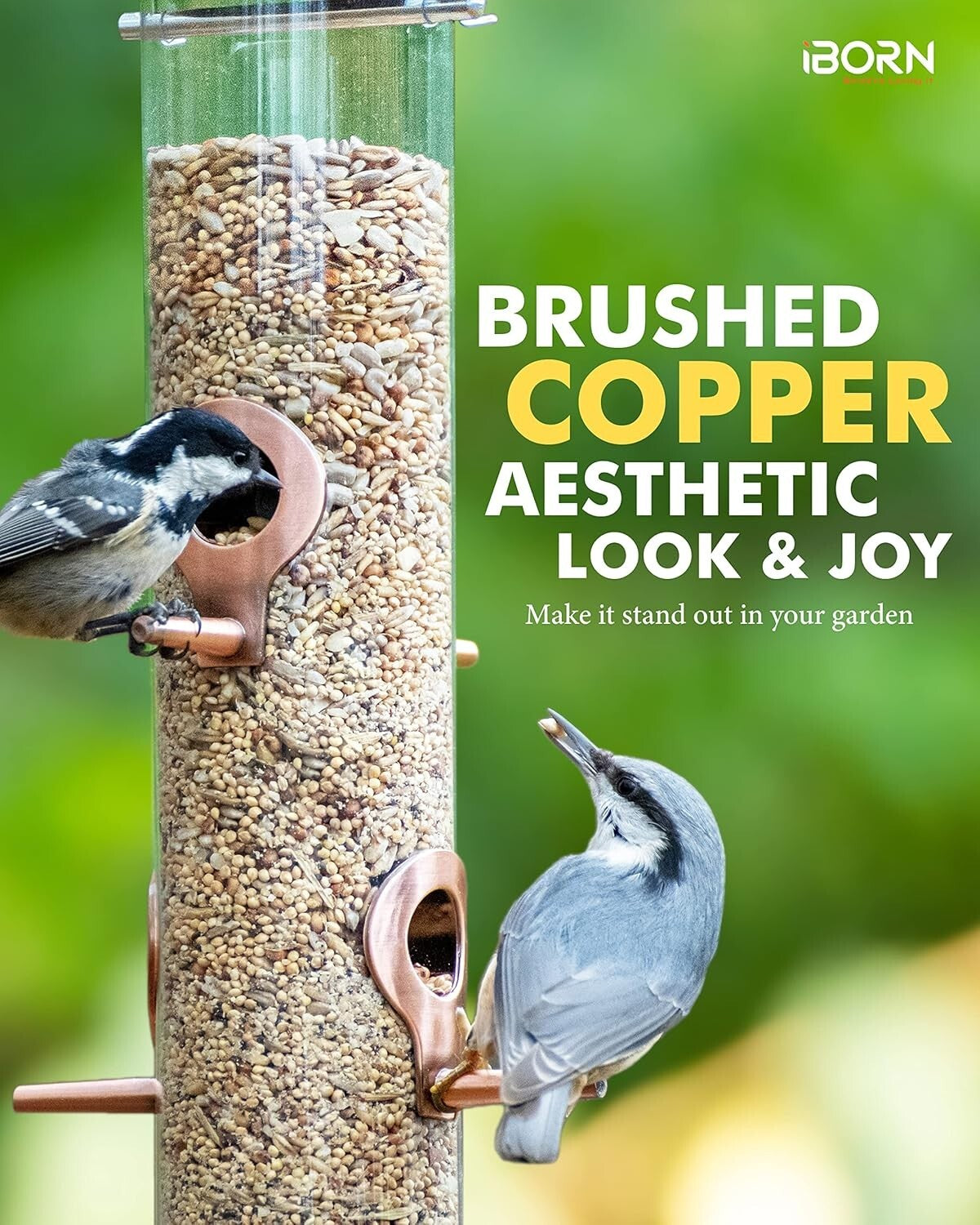 Durable Outdoor Bird Feeders in Brushed Copper with Six Ports - Bird Lover Gift