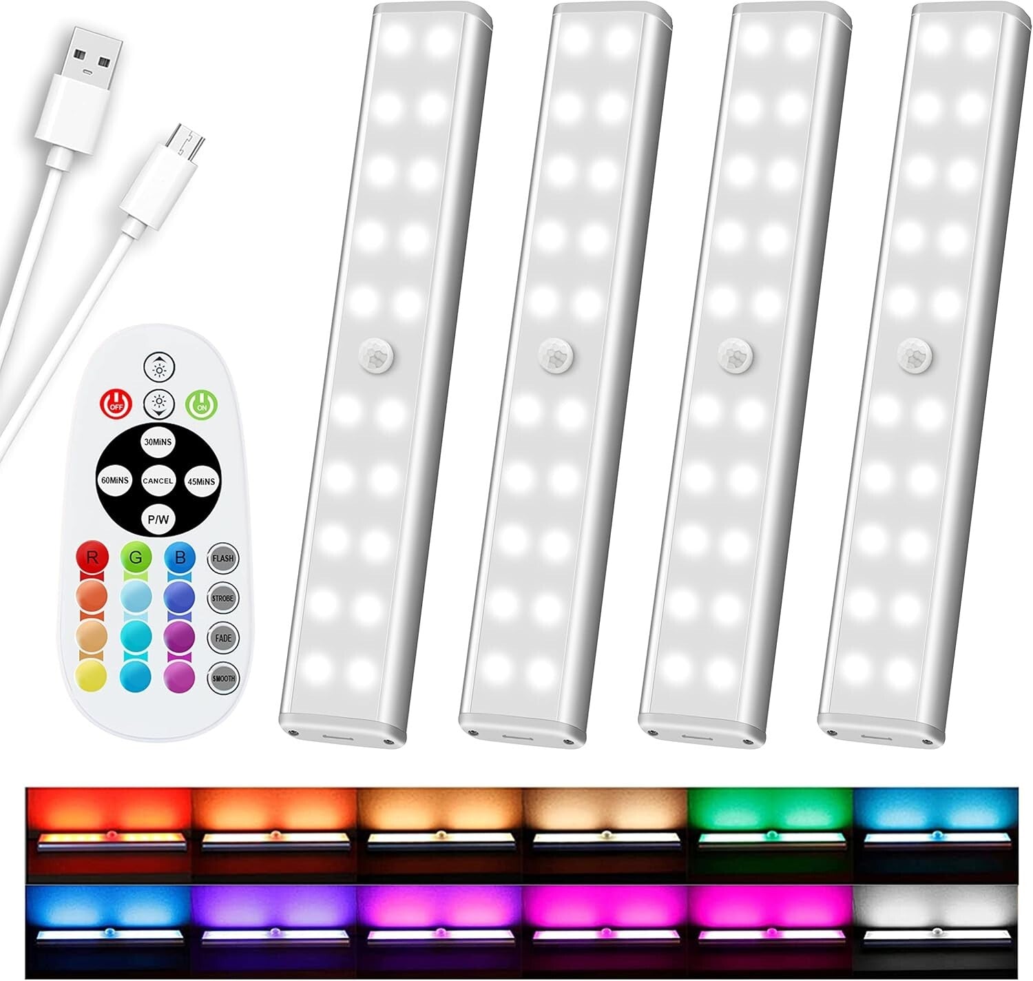48 LED Rechargeable Under Cabinet Lights: Remote-Controlled RGB Color Changeable