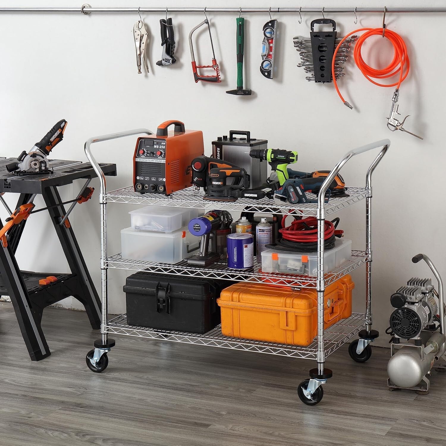 Commercial Grade Heavy Duty 3-Tier Utility Cart with Ergonomic Handles & Wheels