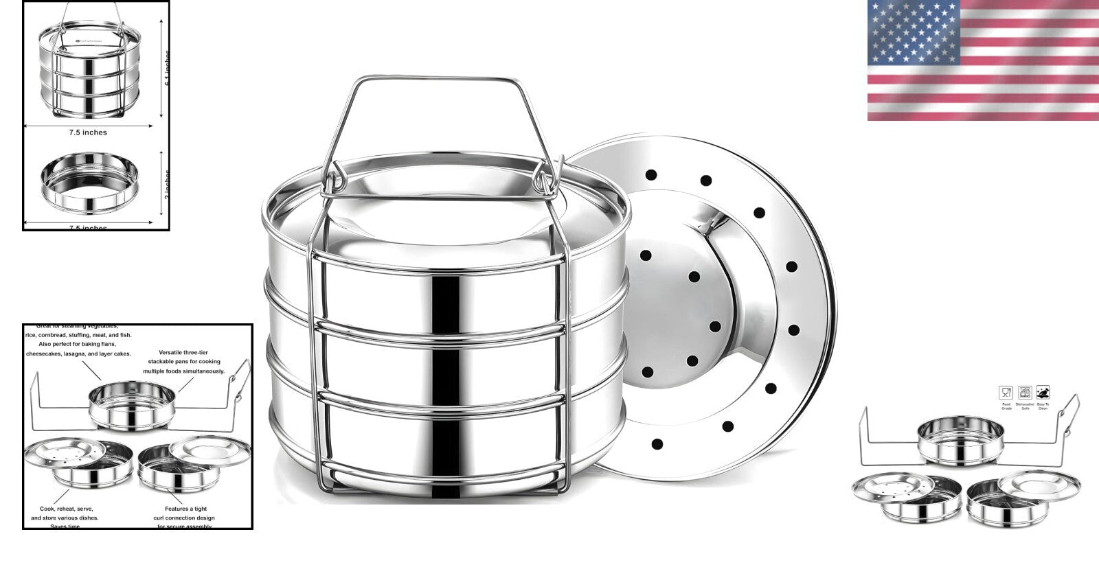 3 Tier Stackable Stainless Steel Insert Pans for 6 Qt Instant Pot Cooking