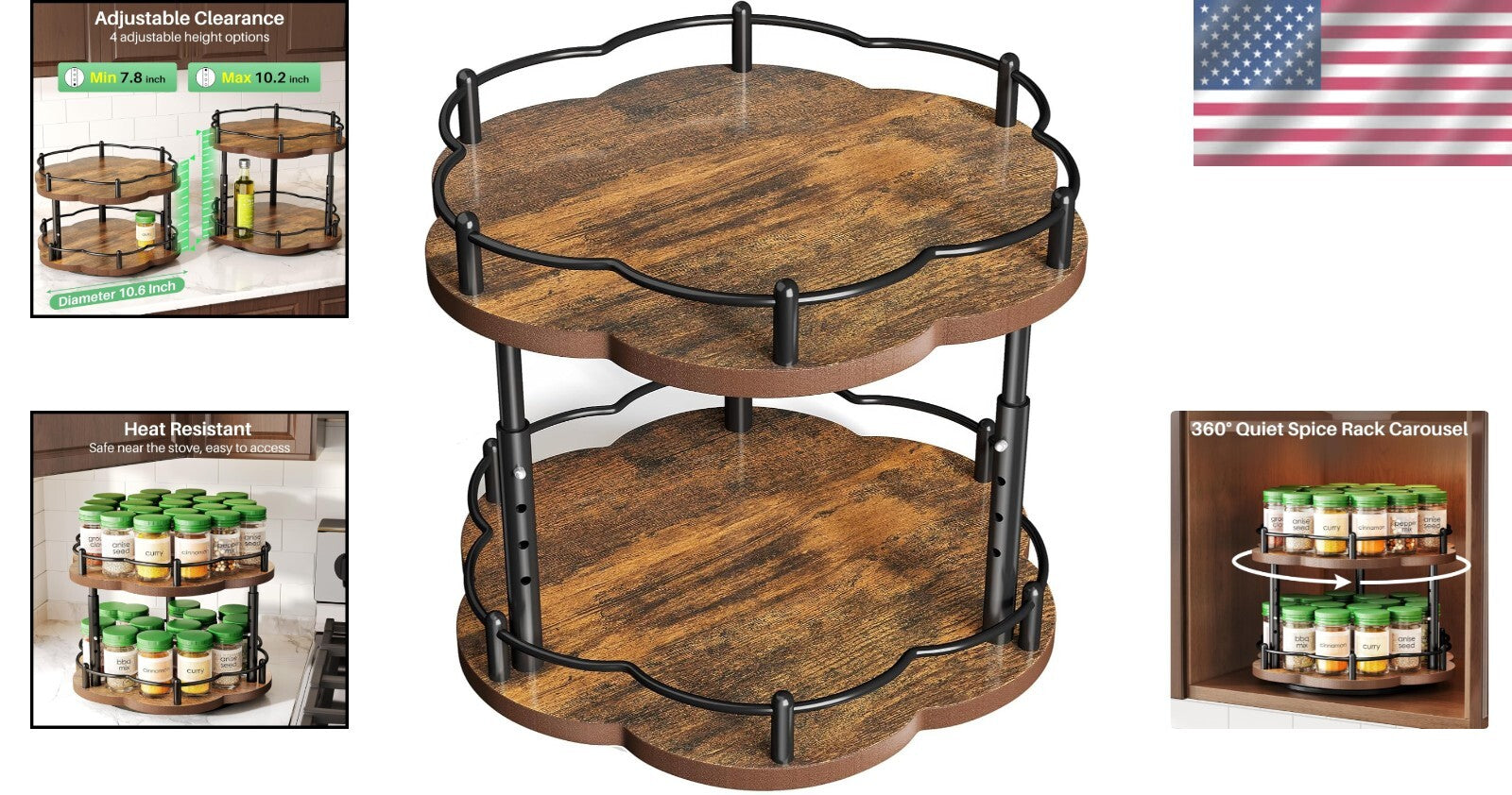 Adjustable Height Lazy Susan Spice Organizer for Cabinet - Unique Flower Design