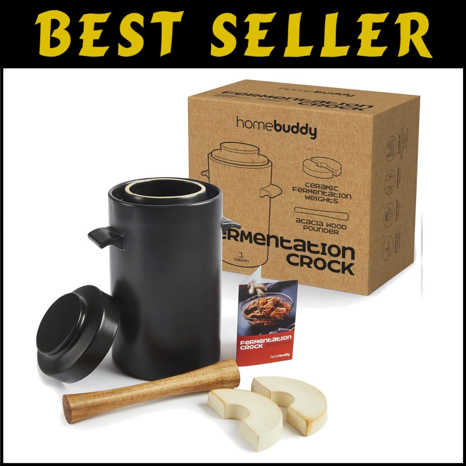 Versatile 1 Gallon Sauerkraut and Kimchi Jar with Acacia Pounder & Recipe Guide