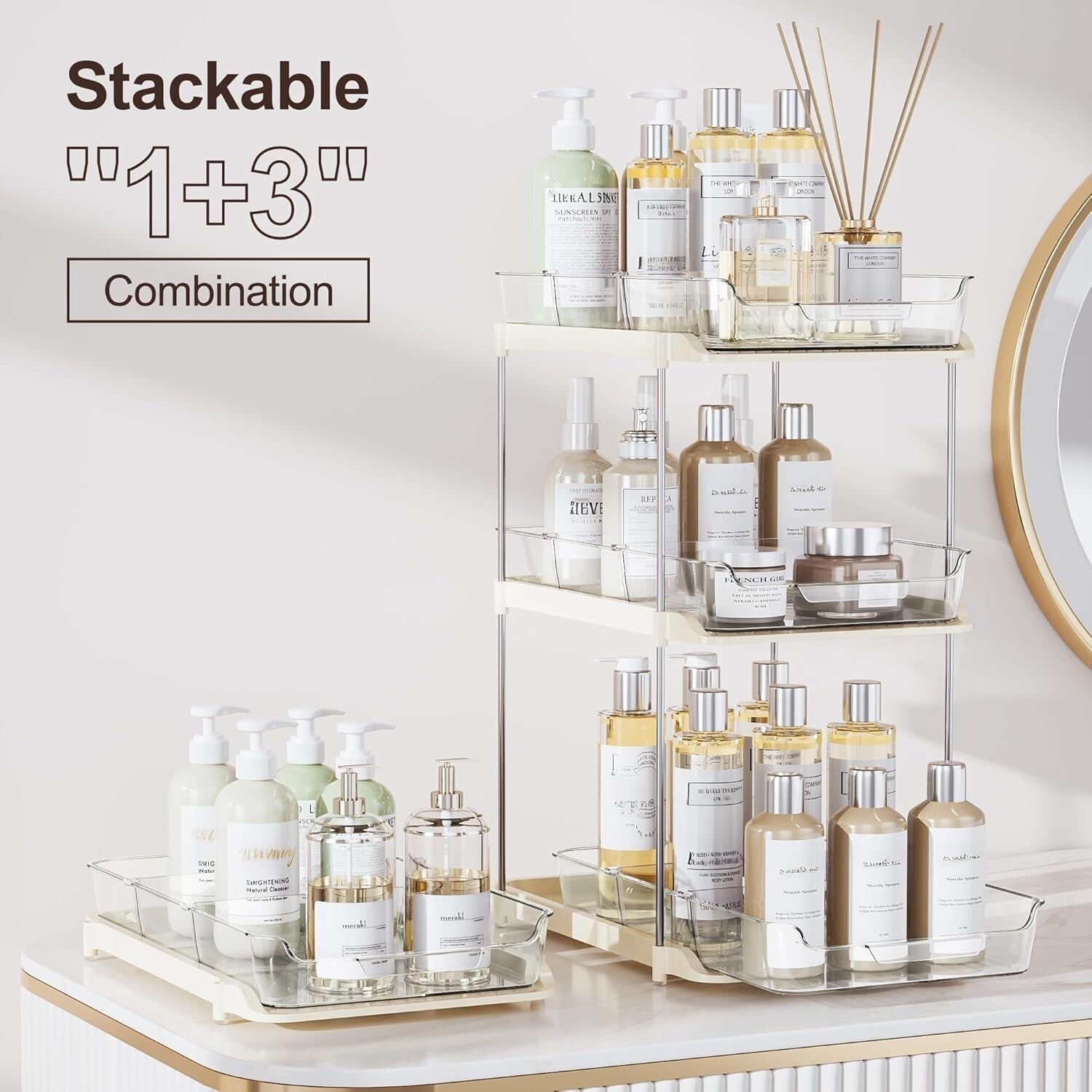 Stylish Stackable Bathroom Cabinet Organizers with Anti-Slip Pull-Out Drawers