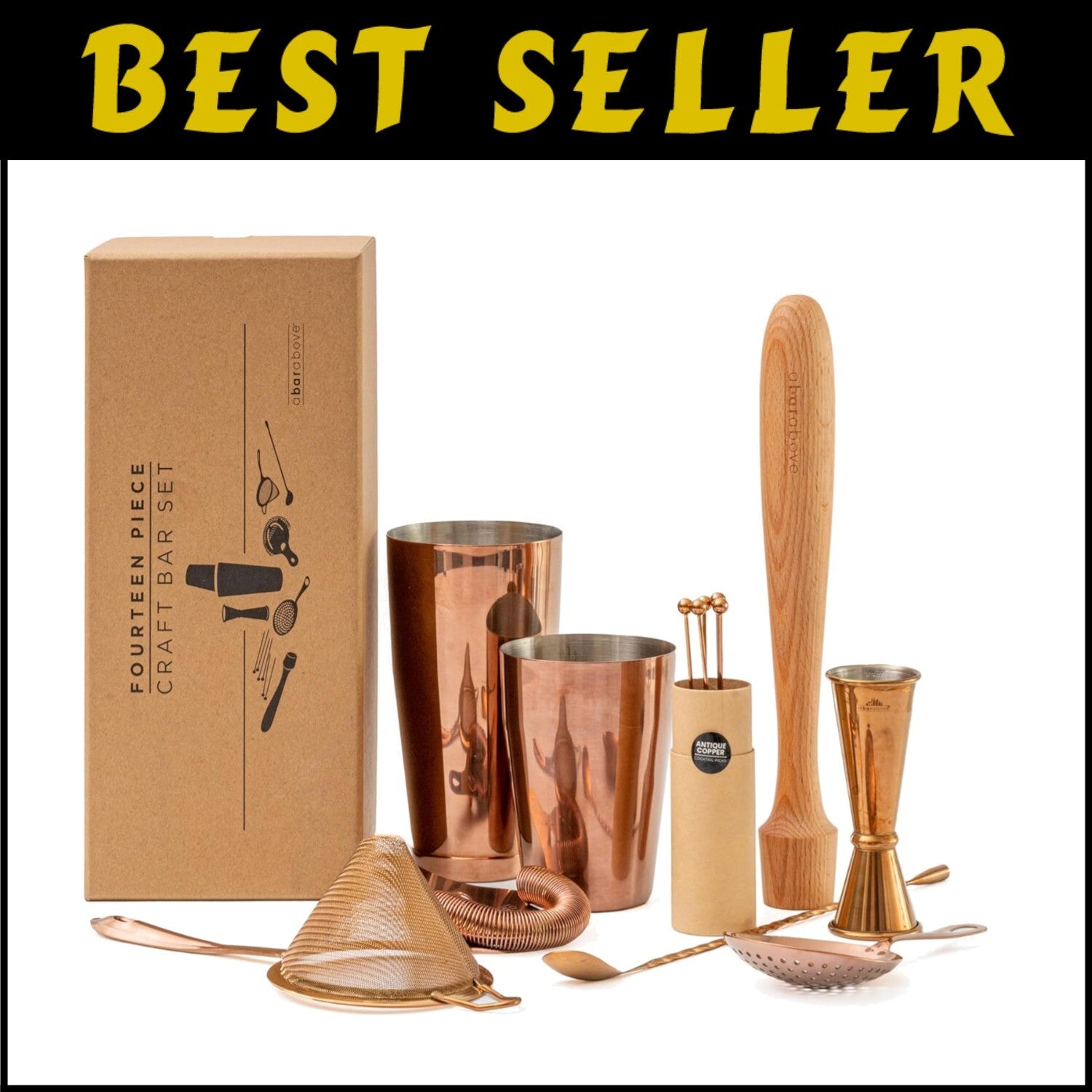 14-Piece Professional Bartender Set with Antique Copper Barware - Perfect Gift
