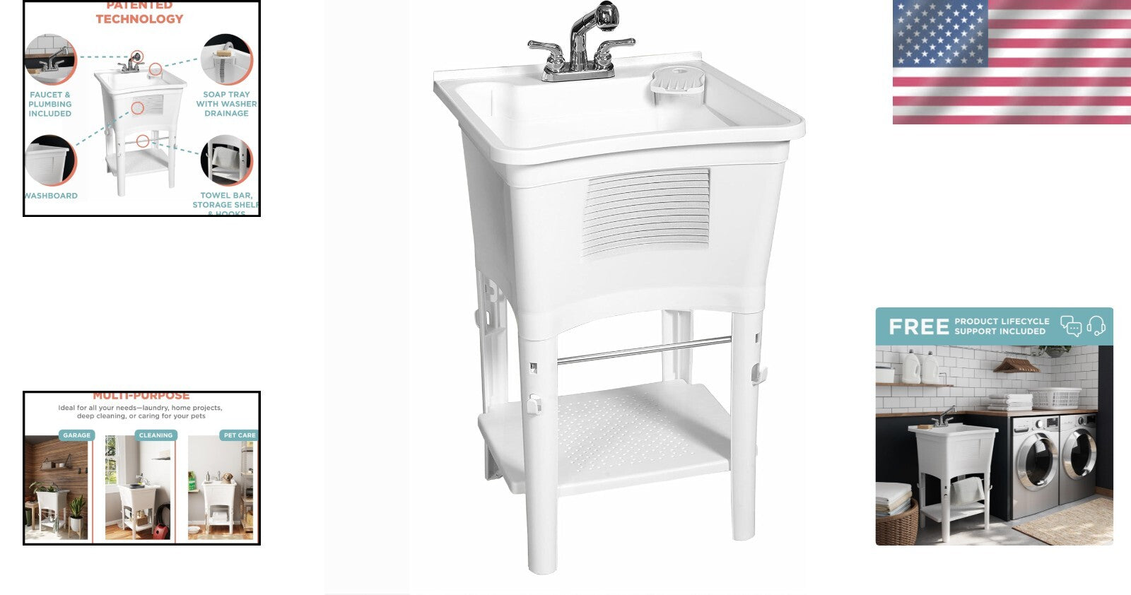 All-in-One Utility Sink with Shelf & Hooks for Convenient Laundry Setup - White