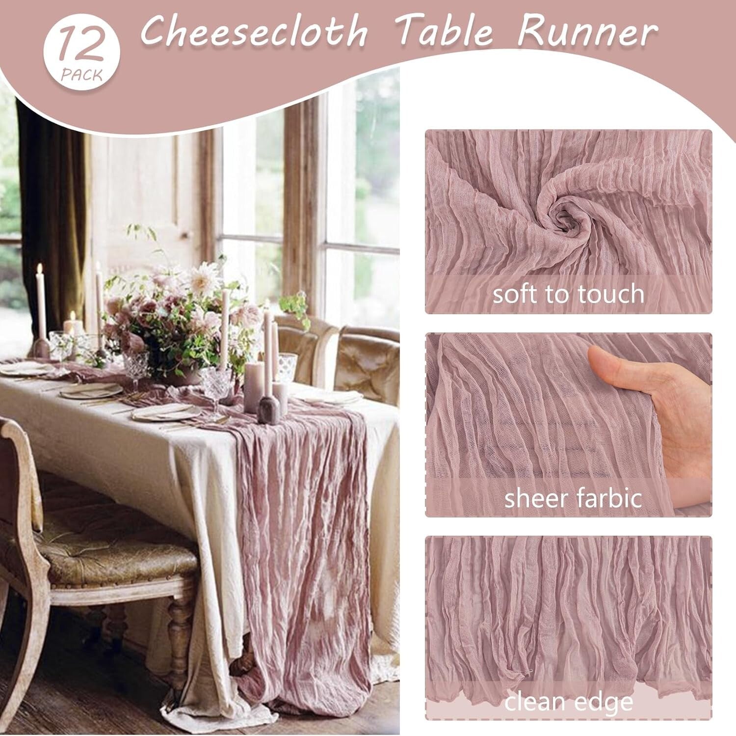 10Ft Dusty Pink Cheesecloth Table Runners - Perfect for Weddings & Celebrations