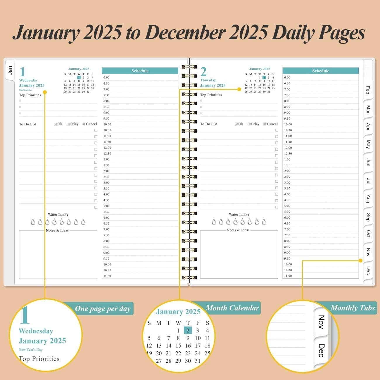 2025 Daily & Monthly Planner with Flexible Cover - One Page Per Day, 8.5" x 11"
