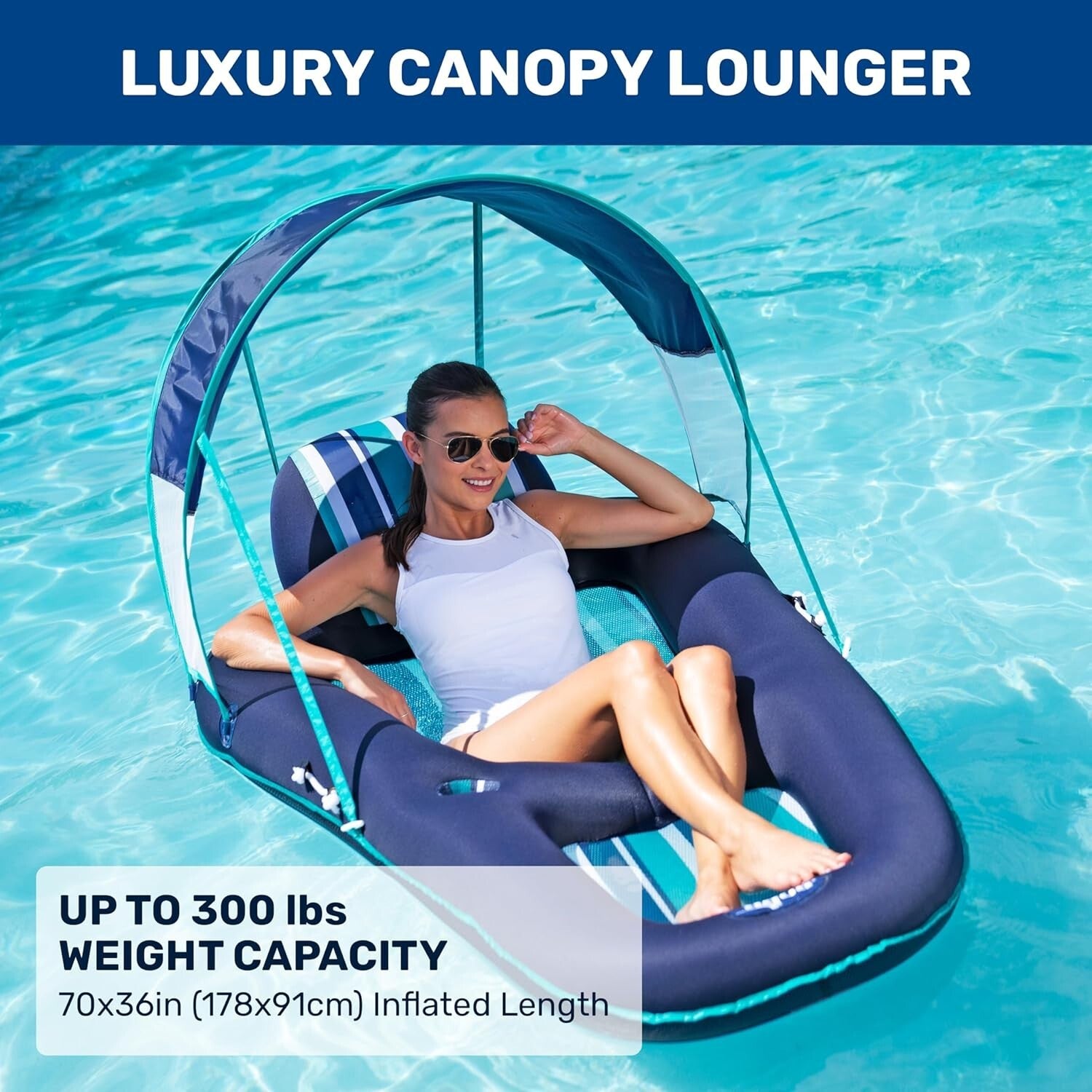 Oversized Comfort Pool Float - Inflatable with Headrest, Canopy & Cup Holder