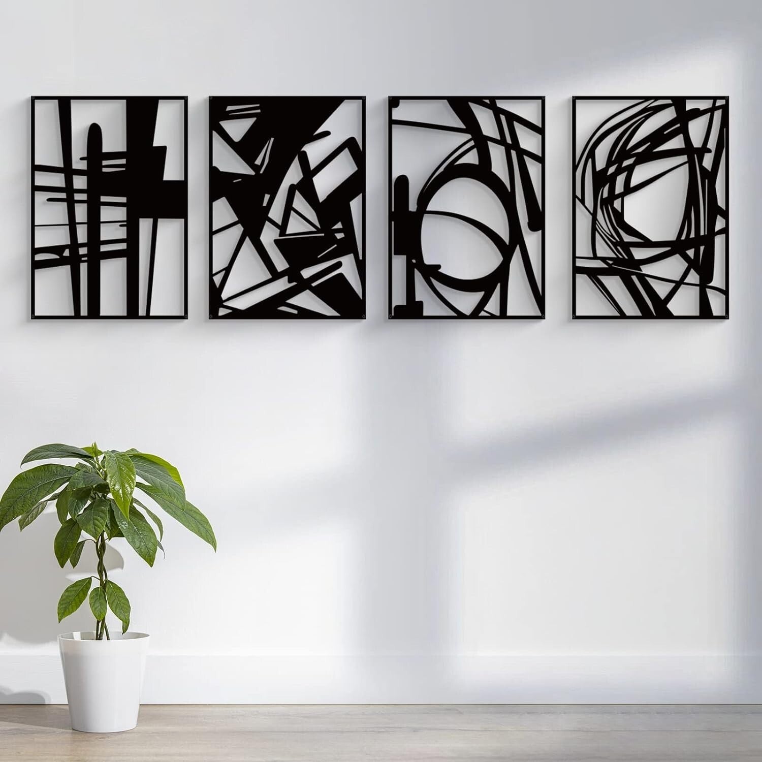Elegant 3D Textured Black Metal Wall Sculptures - Modern Abstract Art Set of 4