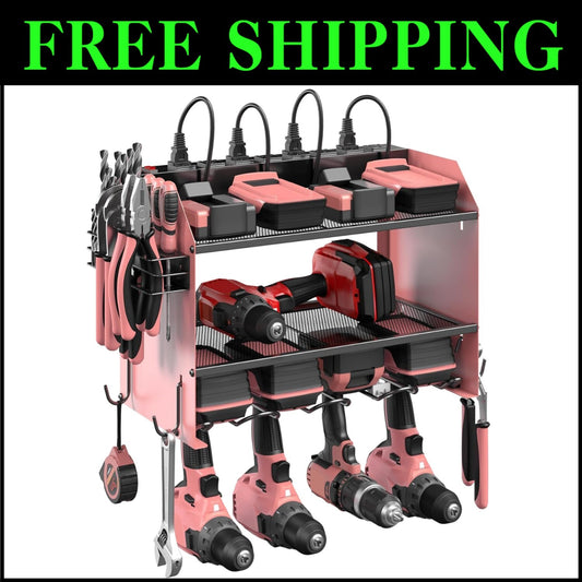 Heavy-Duty Power Tool Storage Shelf with Hooks and Built-in Charging Station