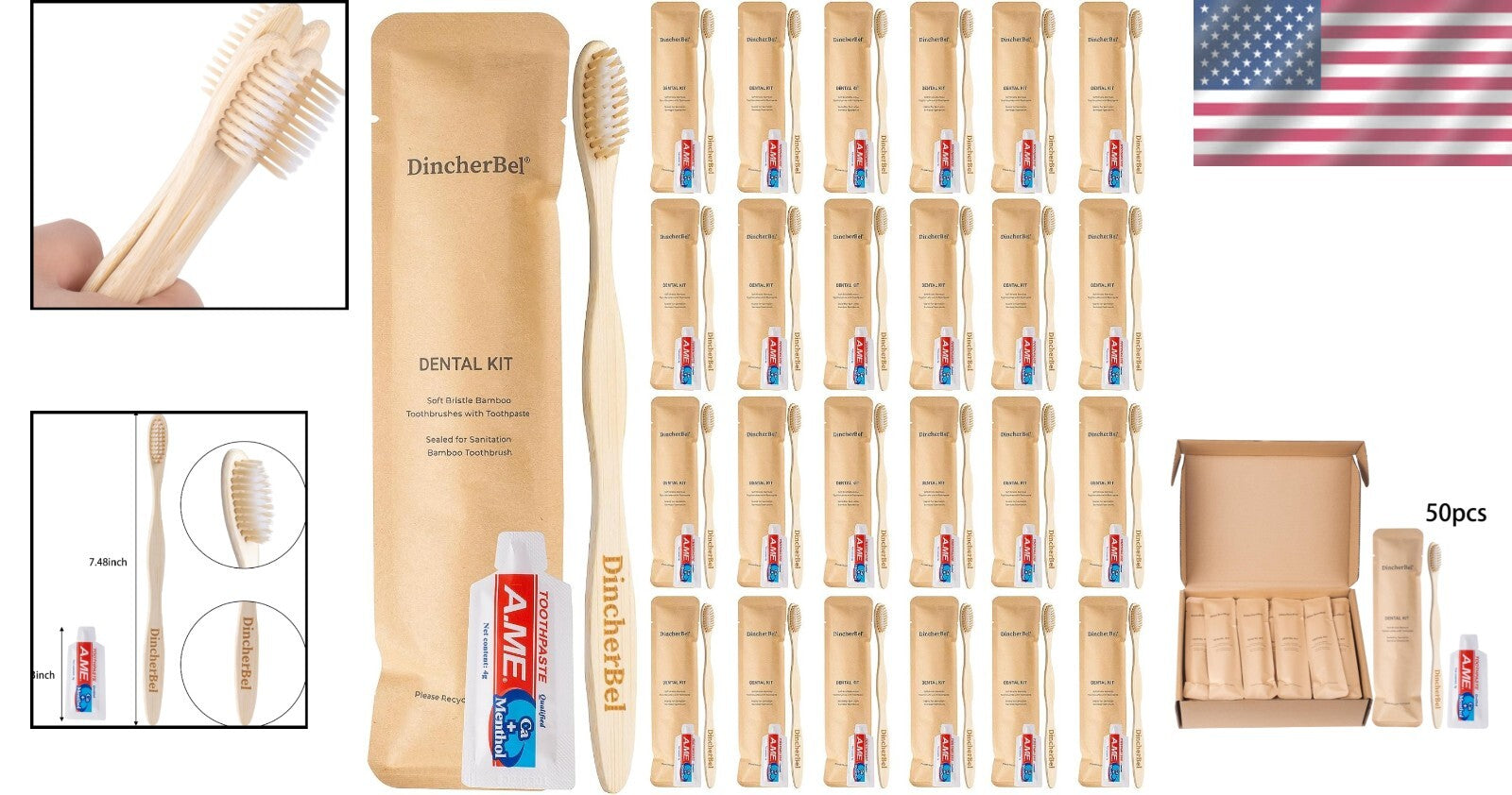 Biodegradable Travel Toothbrush Kit - 50 Disposable Bamboo Brushes & Toothpaste