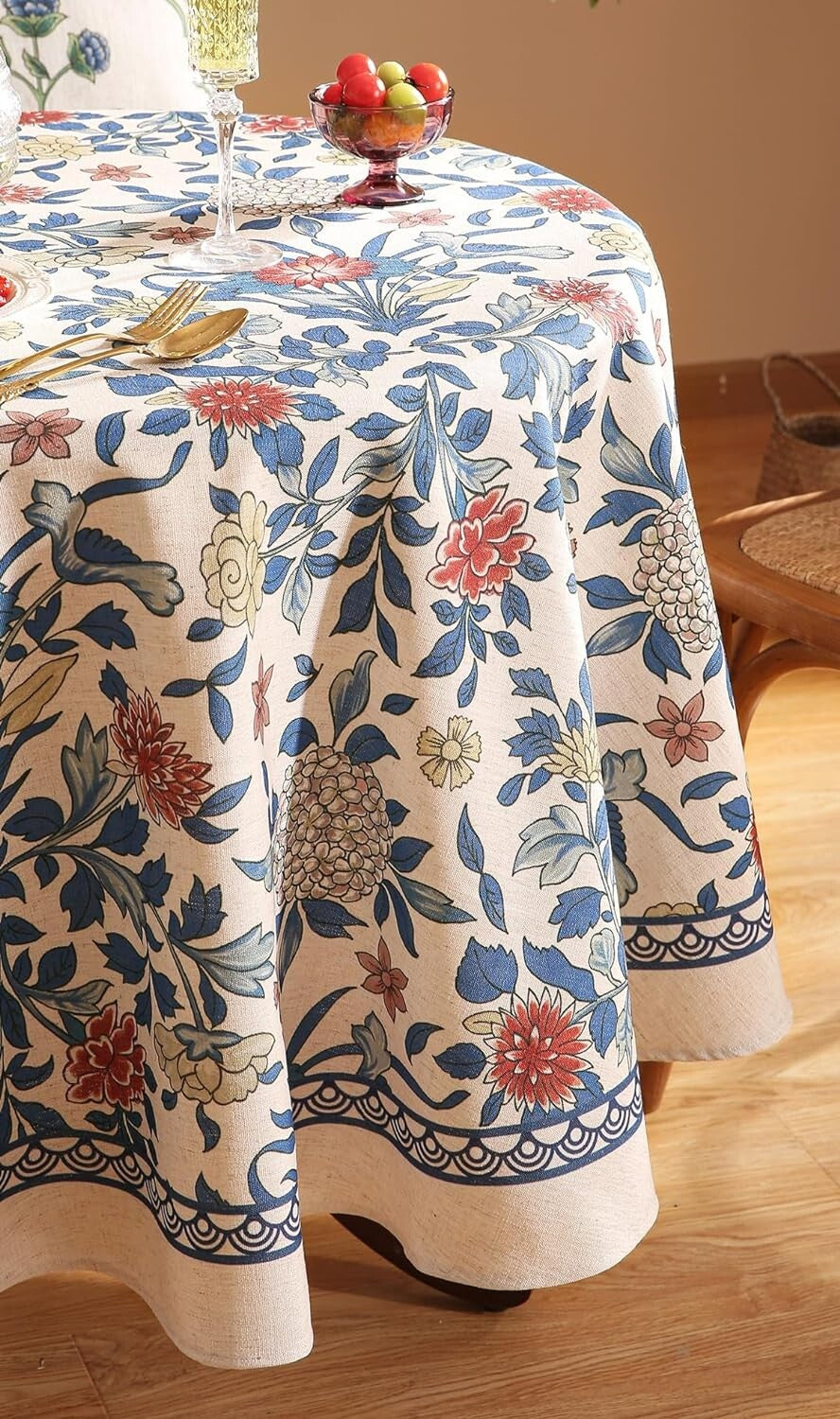 Designer Round Tablecloth with Leaves and Flowers Pattern - 55" All-Season Use