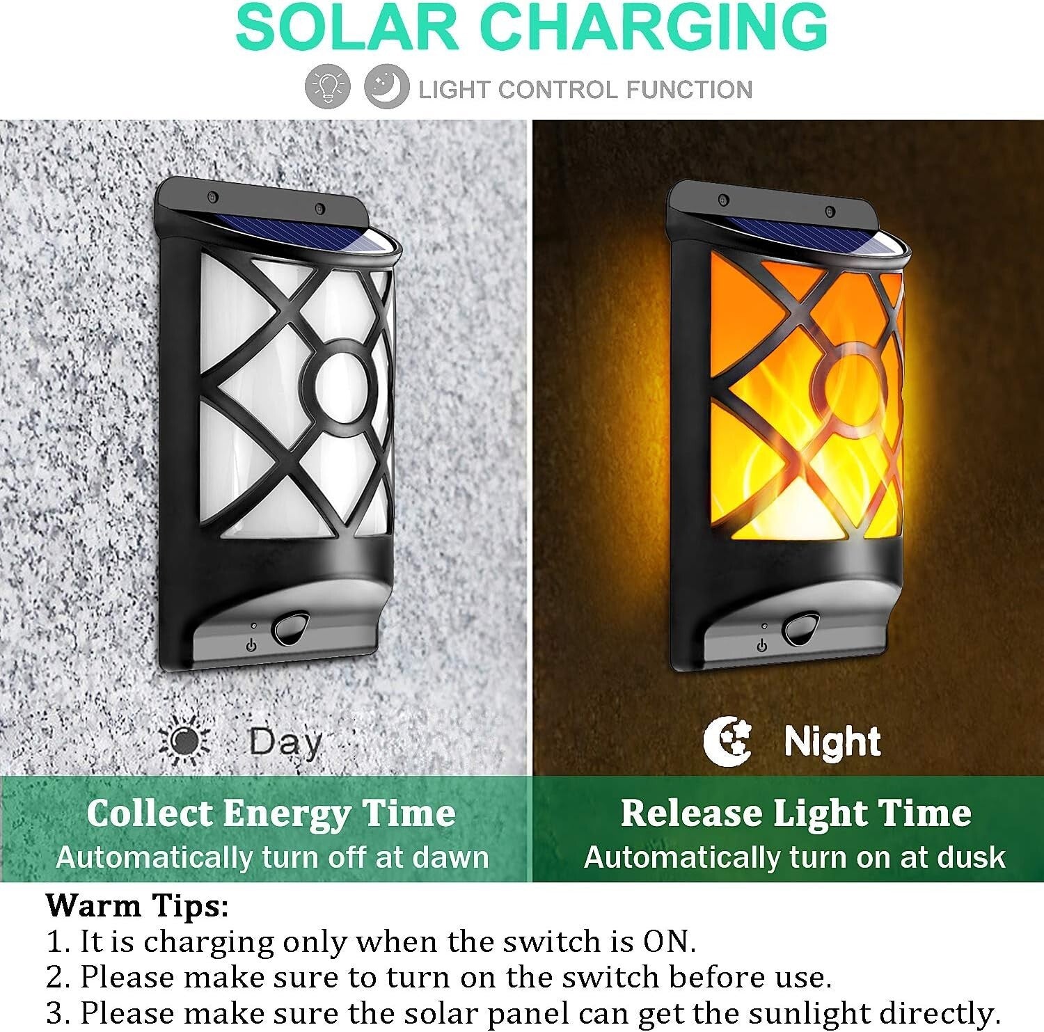 Realistic 3D Flickering Solar Flame Lights - 66 LEDs Outdoor Wall Lanterns