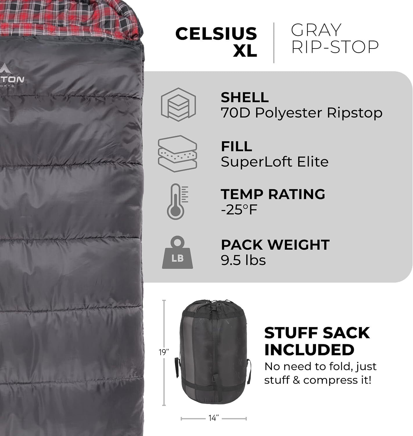TETON Camping Sleeping Bag (-25F) with Self-Repairing Zipper & Draft Tubes