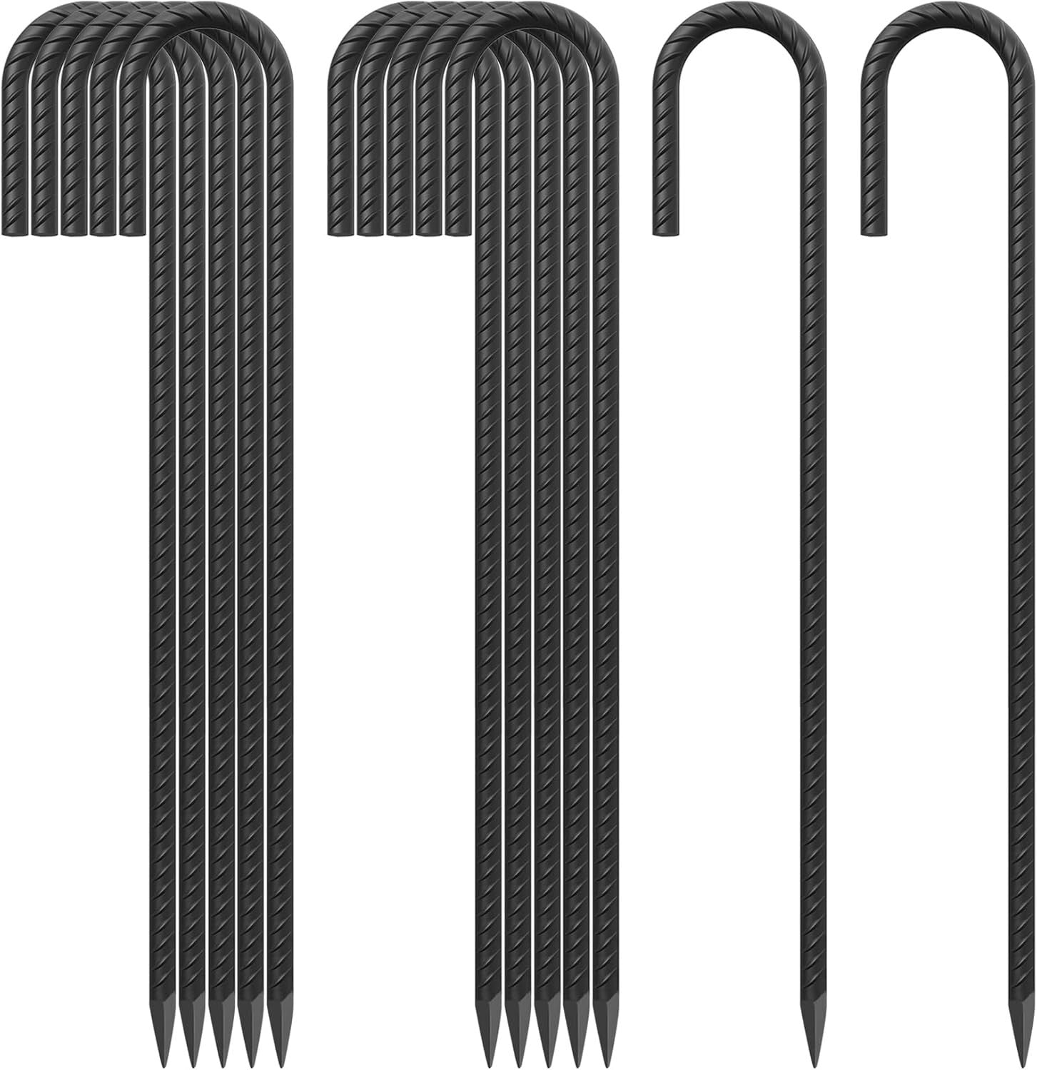 24" Steel Rebar Ground Stakes Set - Essential J Hook Tent and Garden Anchors