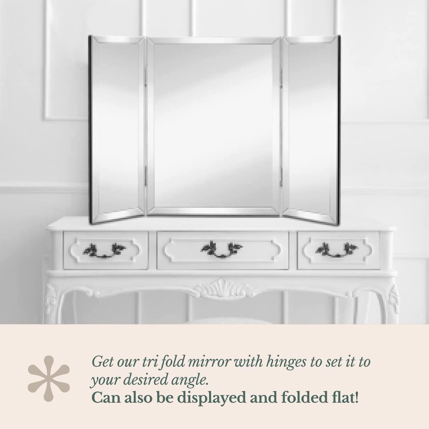 Elegant Trifold Makeup Mirror with Beveled Edges - Full Length Silver Design