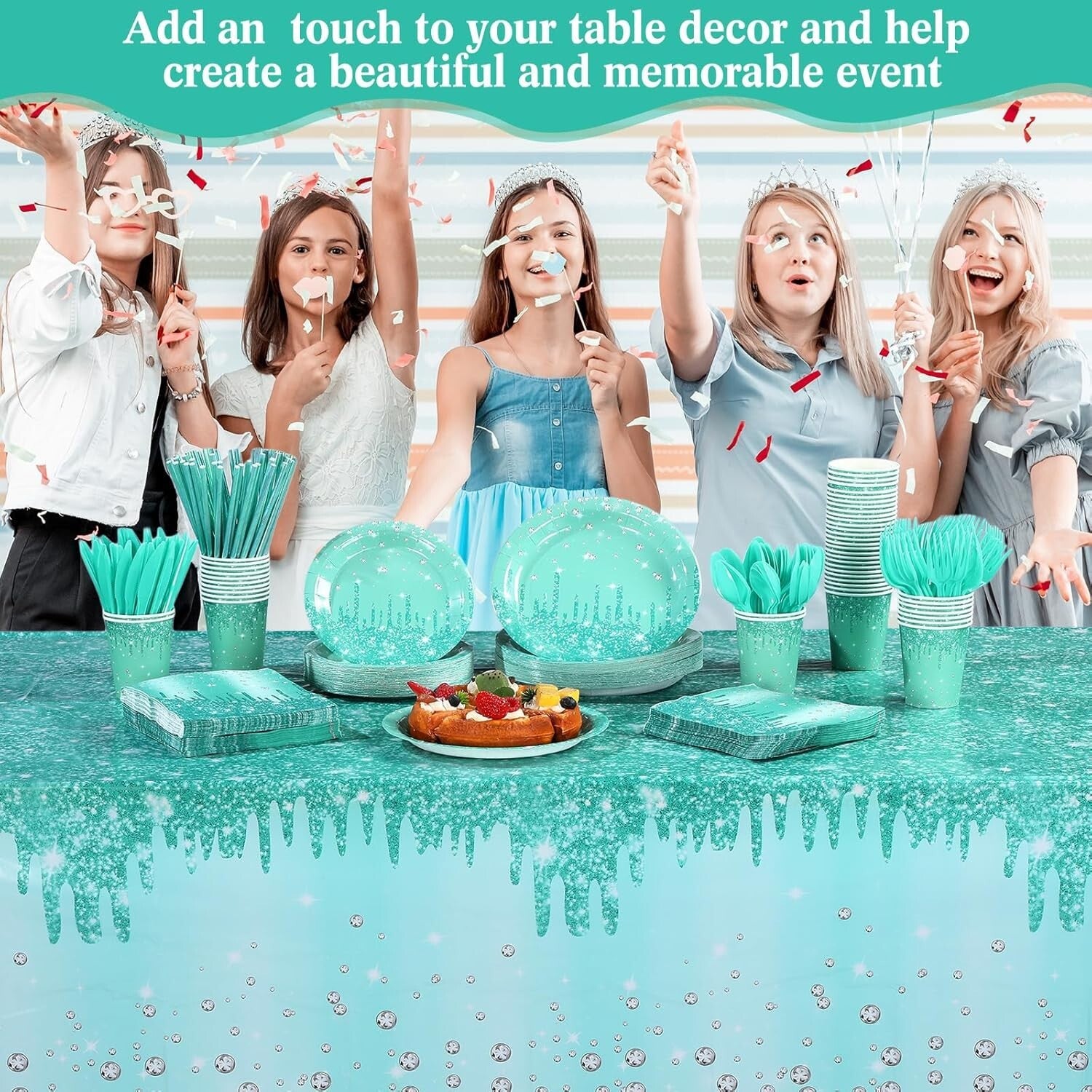 Elegant 452 Pcs Teal & Silver Birthday Party Set - Plates, Cups, Cutlery & More