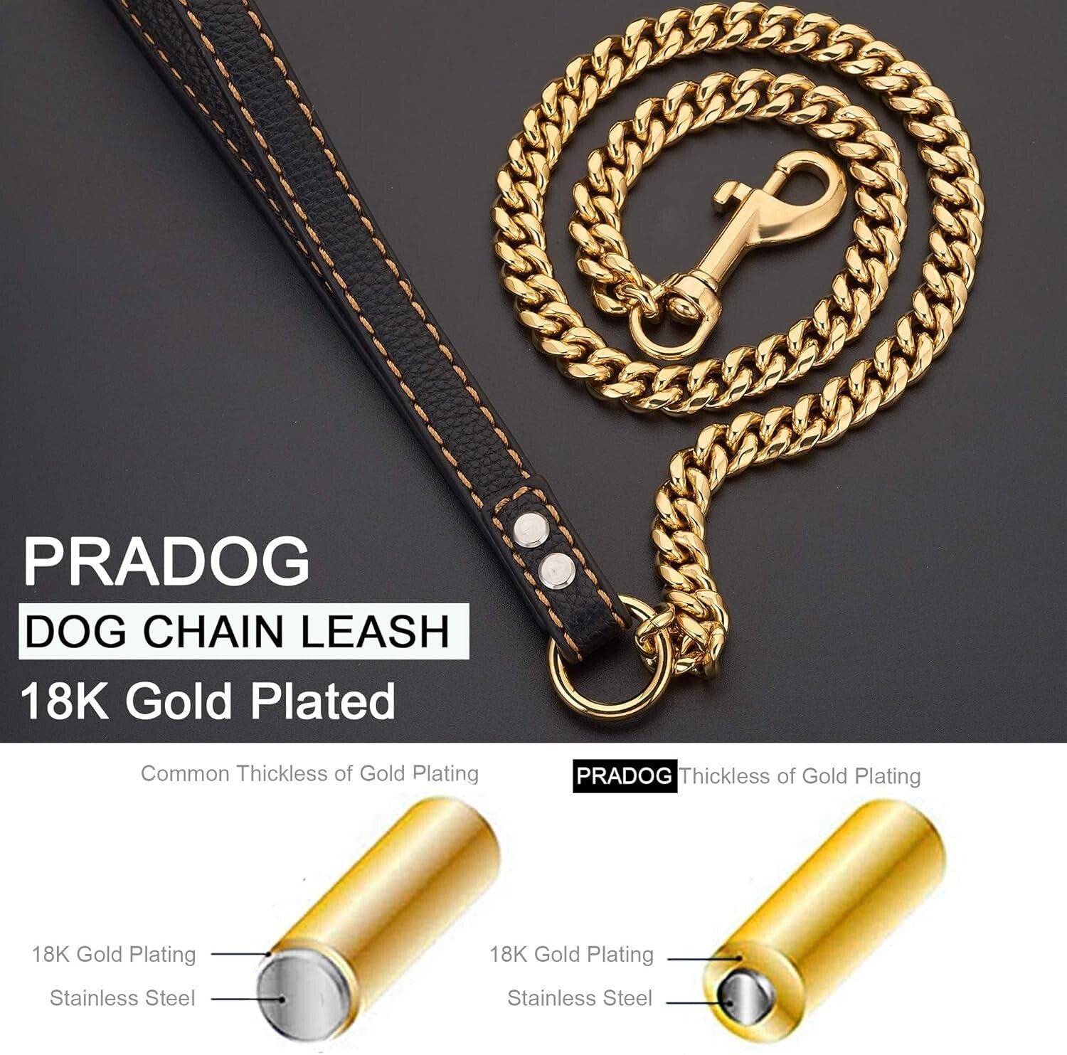 Stainless Steel Cuban Link Dog Leash with Padded Leather Handle for Large Breeds