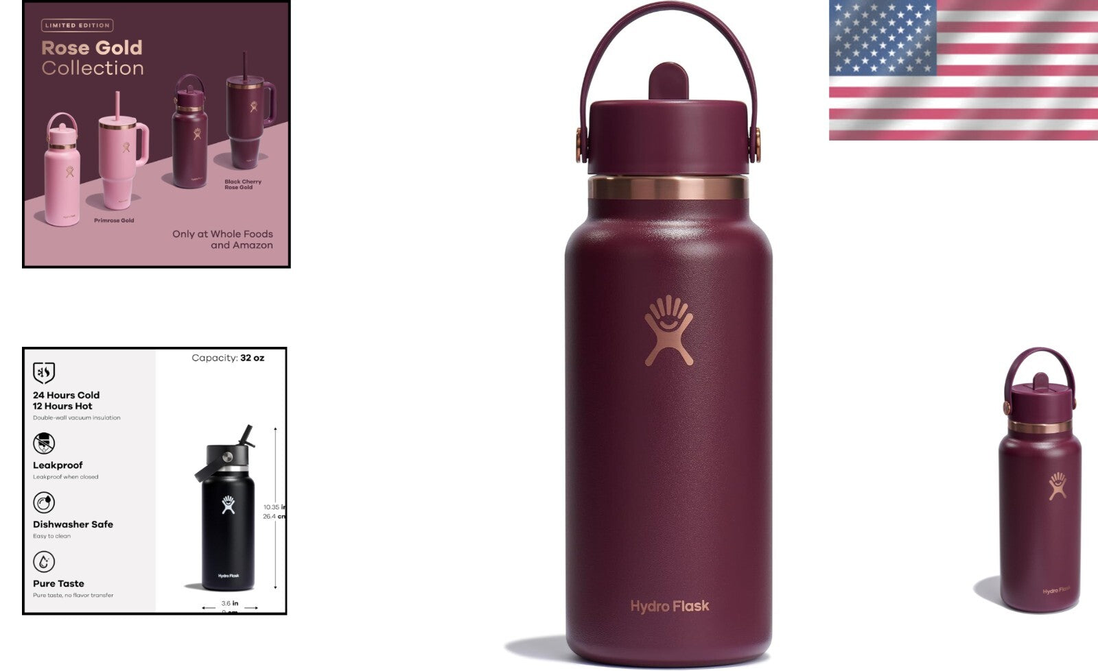 Black Cherry Rose Gold Insulated Water Bottle - 24 Hours of Cold Refreshment