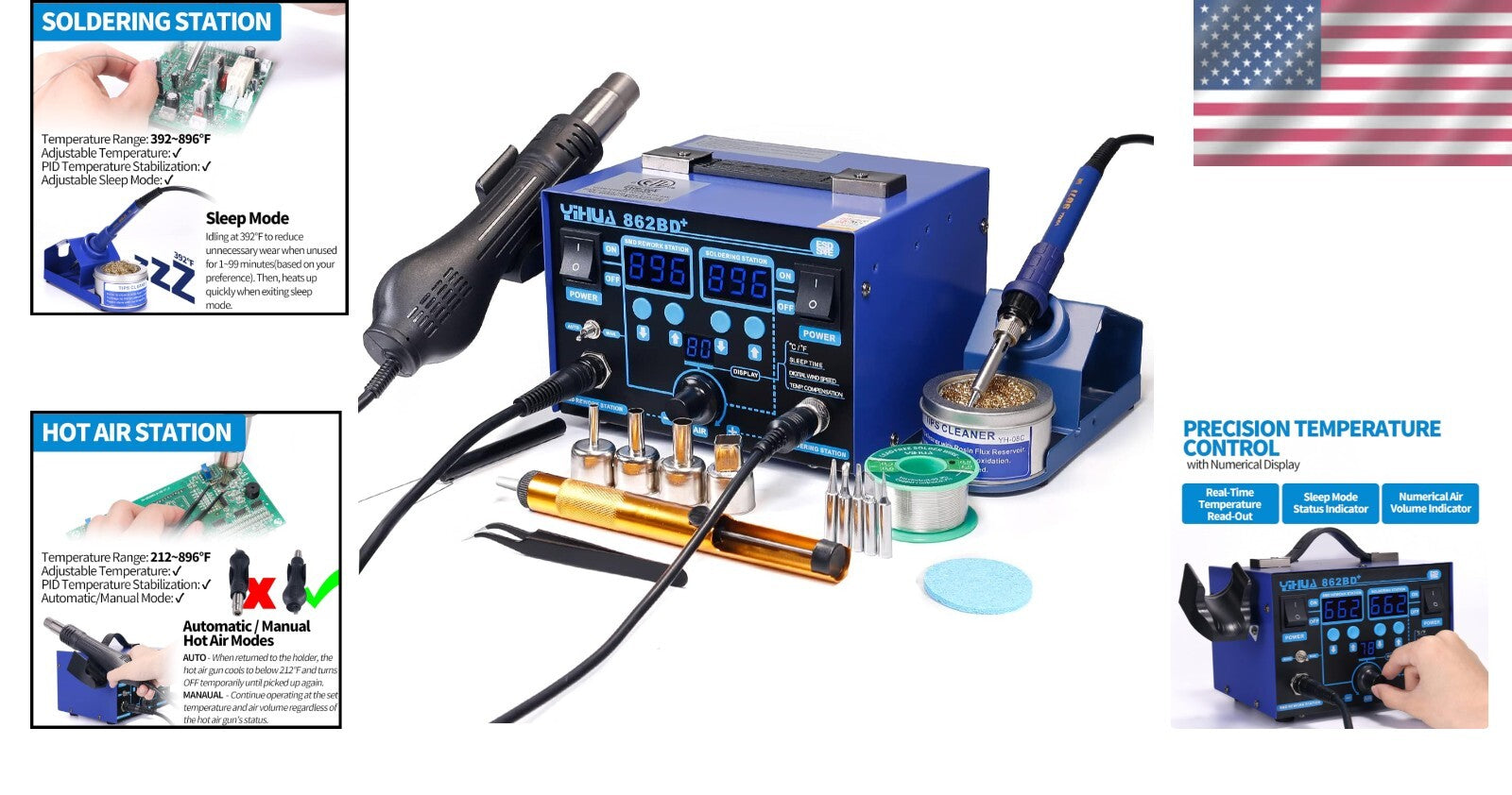 Professional Soldering Iron & Hot Air Rework Station - LED Display & Accessories