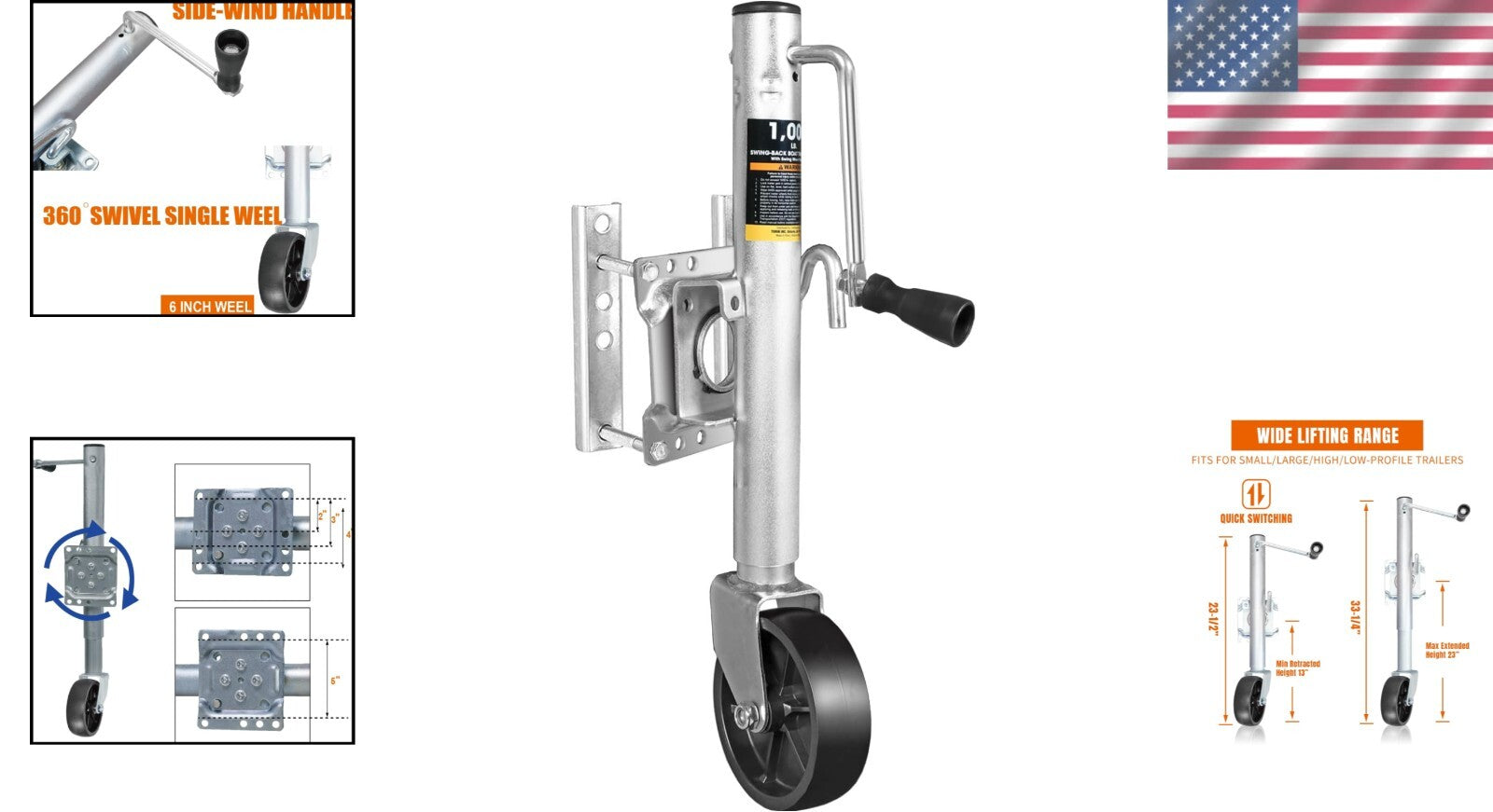 Corrosion-Resistant Trailer Jack with Smooth Cranking - 1000 Lbs Load Capacity