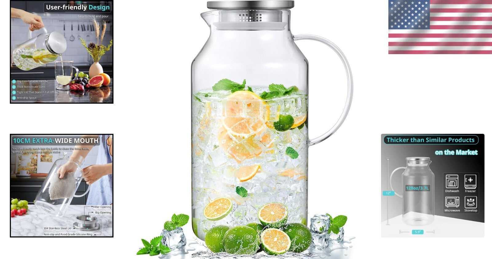 Versatile 1 Gallon Glass Water Jug with Stainless Steel Lid - Ideal for Parties