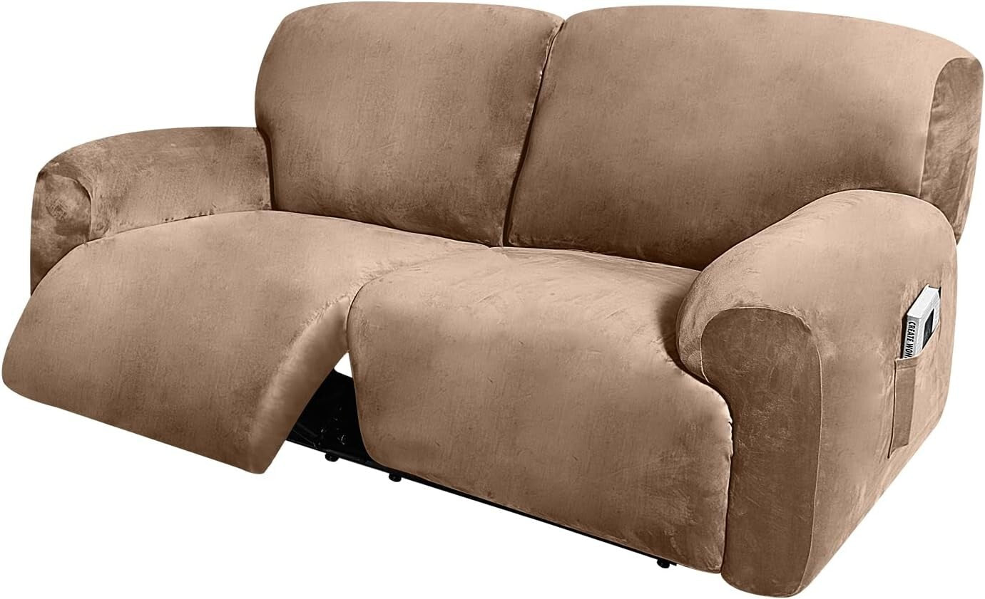 Extra Wide Velvet Reclining 2 Seater Sofa Cover - 6-Piece Slipcover Set in Sand