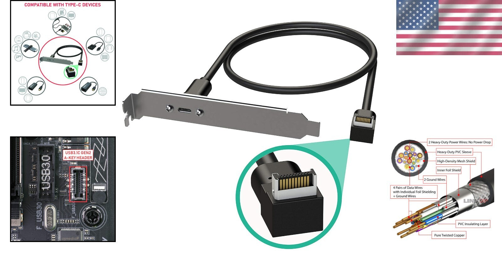 Secure USB-C Internal Extension Adapter with Gold-Plated Connections - 80cm