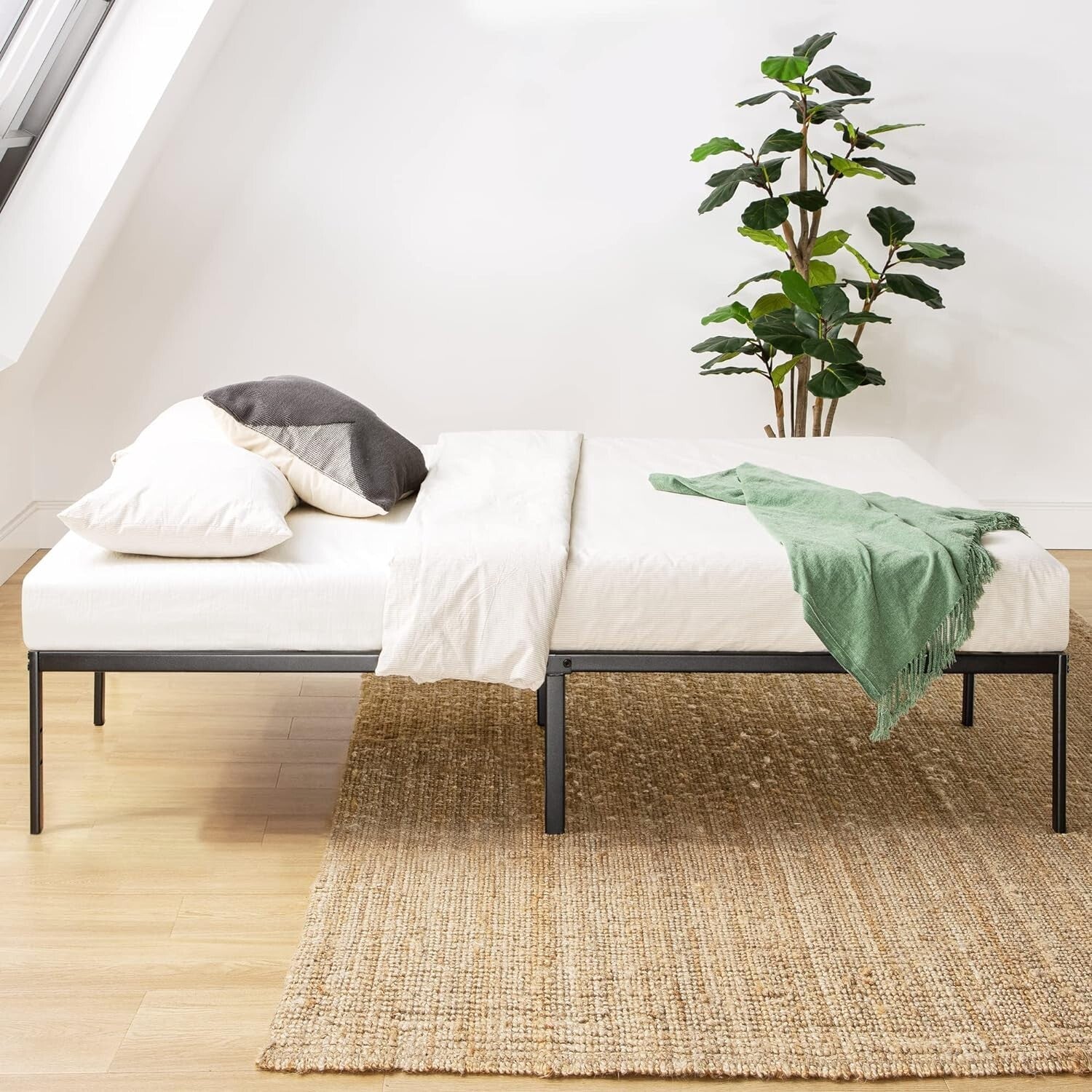 Black Steel Slat Foundation Bed - 14-Inch Height, Easy Assembly, Sturdy Support