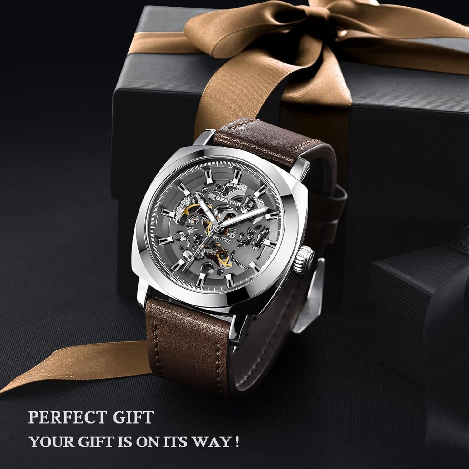 Benyar Men's Automatic Skeleton Watch - Stylish 45mm Leather Strap Design